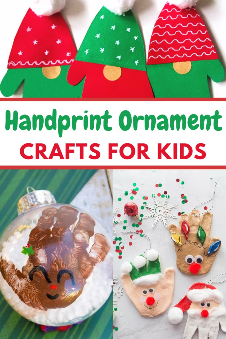 handprint ornament crafts for kids with christmas hats and reindeers on them