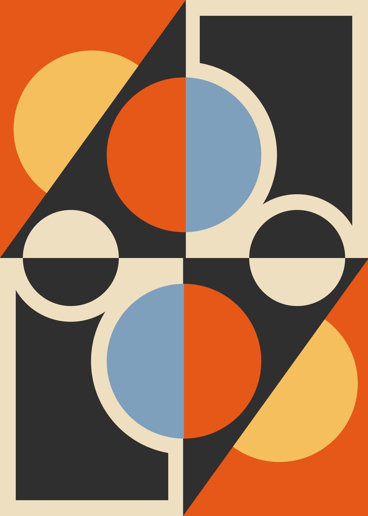 an orange, black and blue poster with circles in the center on top of it