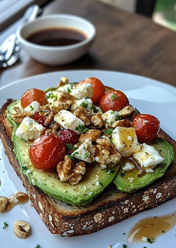 an avocado toast with tomatoes, feta cheese and walnuts on it