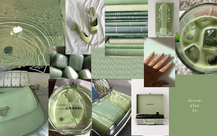 a collage of green and white items