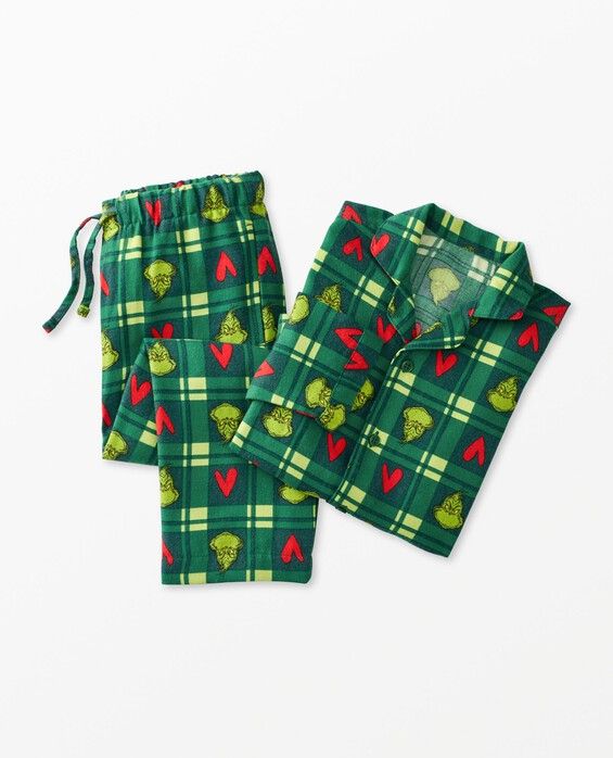 Cozy flannel pajama set featuring the merriest Grinch or Cindy Lou-Who plaid on supersoft flannel. • Unique artwork only available at Hanna • Luxurious brushed flannel for cozy sleep • Collared top with button front • Easy pull-on pants with adjustable drawcord & pockets • Meets sleep safety standards for flame resistance • OEKO-TEX® STANDARD 100 certified safe from hundreds of harsh chemicals 100% recycled polyester brushed flannel Relaxed fit Button front with collar Encased elastic waistband Christmas Pj Pants, Grinch Pajamas, 2024 Lookbook, Dr Seuss Grinch, Xmas Pjs, Cozy Sleep, Christmas Pj, Unisex Pajamas, Sensory Friendly