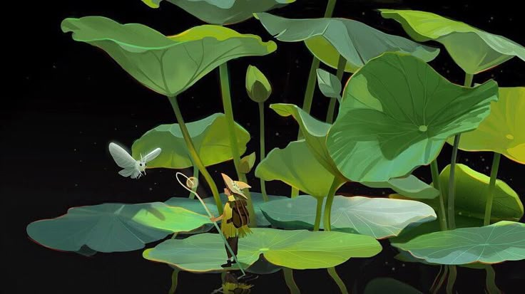 a painting of a frog in the middle of lily pads with a butterfly flying over it