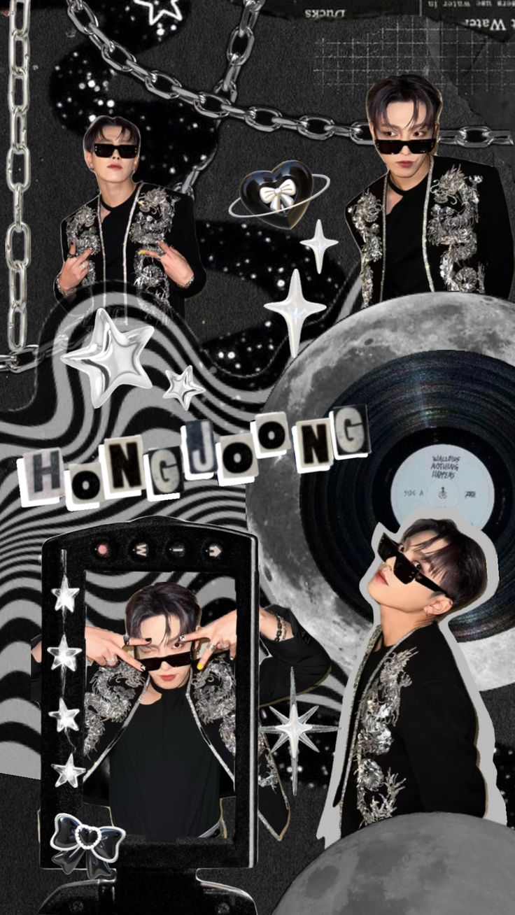 a collage of two people wearing sunglasses and one holding a record in front of them