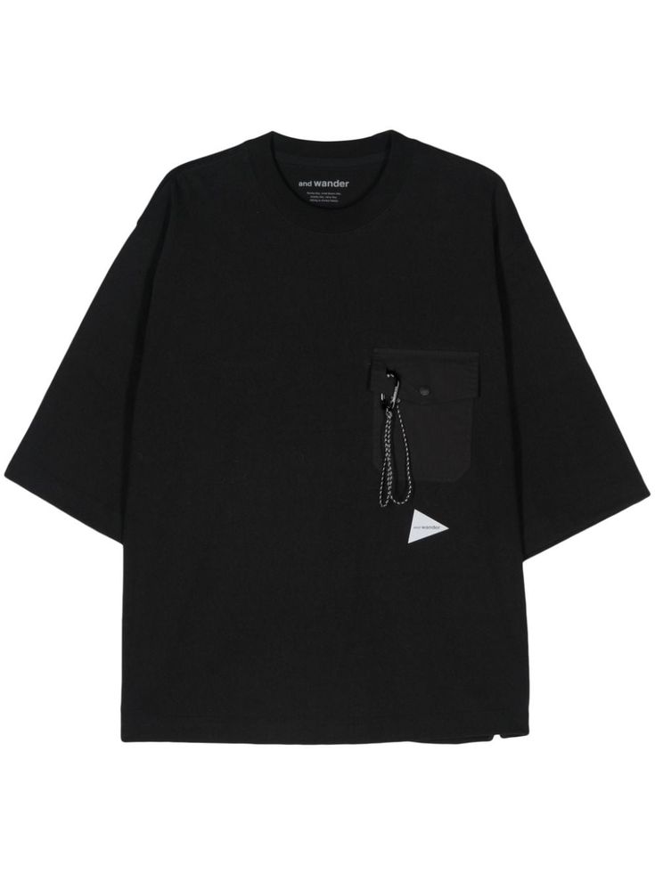 black cotton jersey texture crew neck drop shoulder short sleeves chest flap pocket carabiner attachment logo print to the side straight hem When buying this unisex item, keep in mind that it is graded in standard men's sizing. T Shirt Vest, Black Cotton, Print T Shirt, Short Sleeves, ? Logo, T Shirt, Black, Clothes