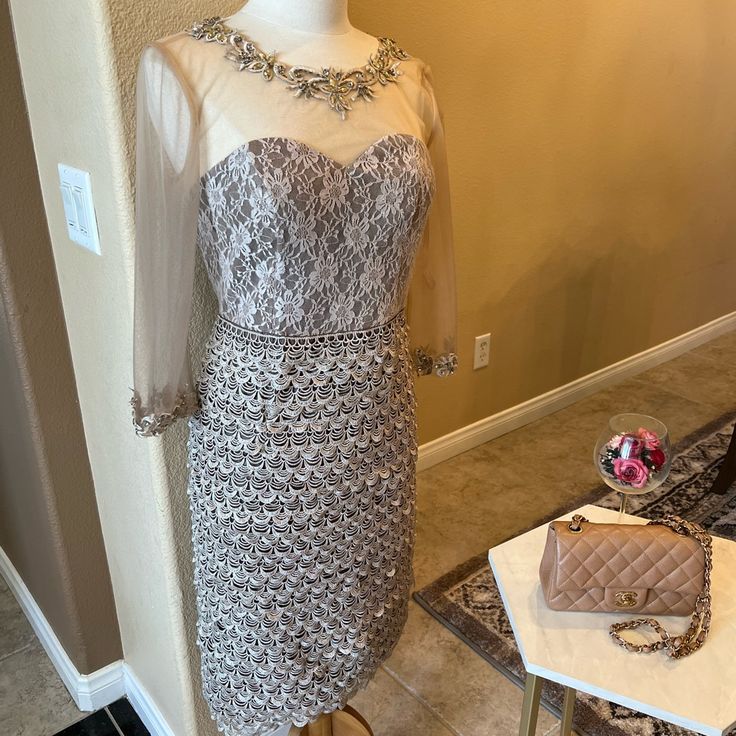 Used Once, Has Been Altered As Shown In Pics, Fits A Size 8 Elegant Festive Evening Dress, Festive Elegant Evening Dress, Elegant Festive Midi Dress For Wedding, Elegant Midi Dress For Wedding Holiday, Elegant Lace Midi-length Mother Of The Bride Dress, Elegant Festive Lace Evening Dress, Elegant Sheath Evening Dress For Dinner, Elegant Lace Dress For Mother Of The Bride, Elegant Embellished Midi Dress For Holidays