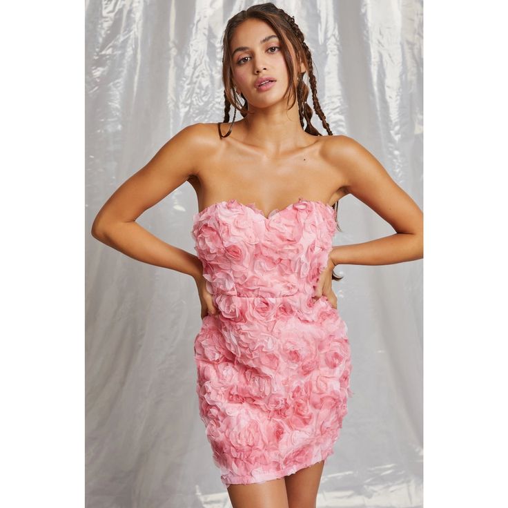 Rock this flirty Floral Lace Dress and bloom with confidence! This pink mini dress features stunning floral applique lace and a trendy tube style. With its playful design, you'll make a statement anywhere you go. Floral Print Mini Dress For Homecoming, Summer Homecoming Mini Dress With Floral Print, Flirty Floral Print Prom Dress, Floral Print Mini Dress For Summer Homecoming, Pink Floral Applique Mini Dress For Party, Pink Floral Applique Dress With Sweetheart Neckline, Pink Sweetheart Neckline Dress With Floral Applique, Pink Dress With Floral Applique And Sweetheart Neckline, Pink Strapless Mini Dress For Homecoming