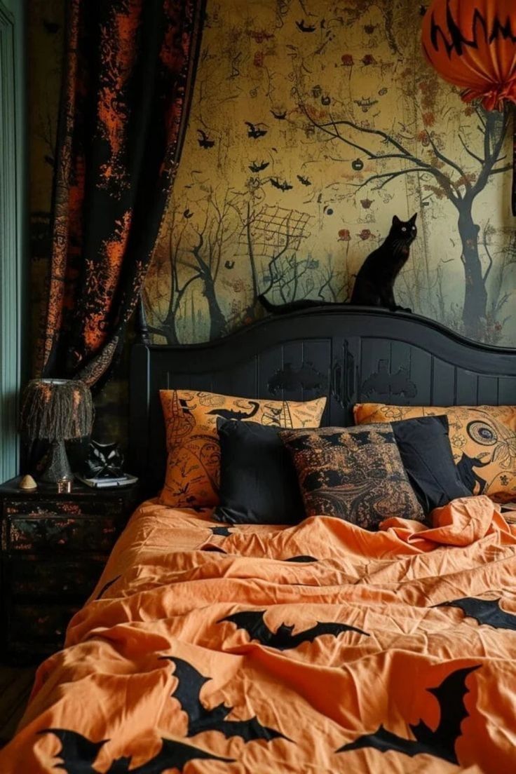 a black cat sitting on top of a bed next to an orange comforter and pillows