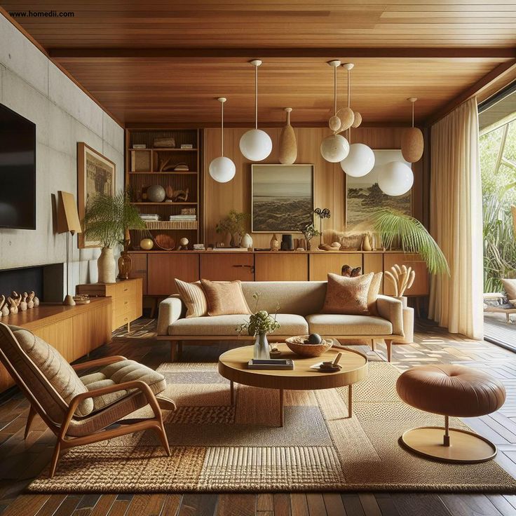 a living room filled with furniture next to a fire place and large windows on the wall