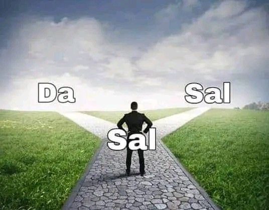 a man standing on a path with the words da sal in front of him