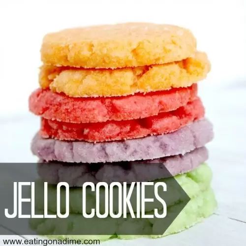 a stack of colorful cookies with the words jello cookies on top and below it