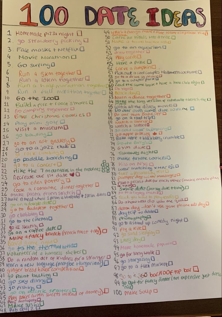 a poster with the words 100 date ideas written on it in different colors and sizes