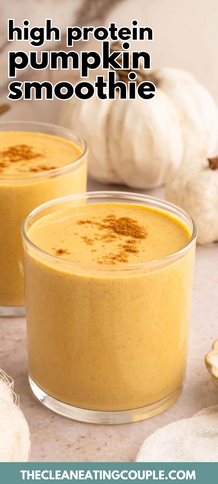 two glasses filled with pumpkin smoothie on top of a table