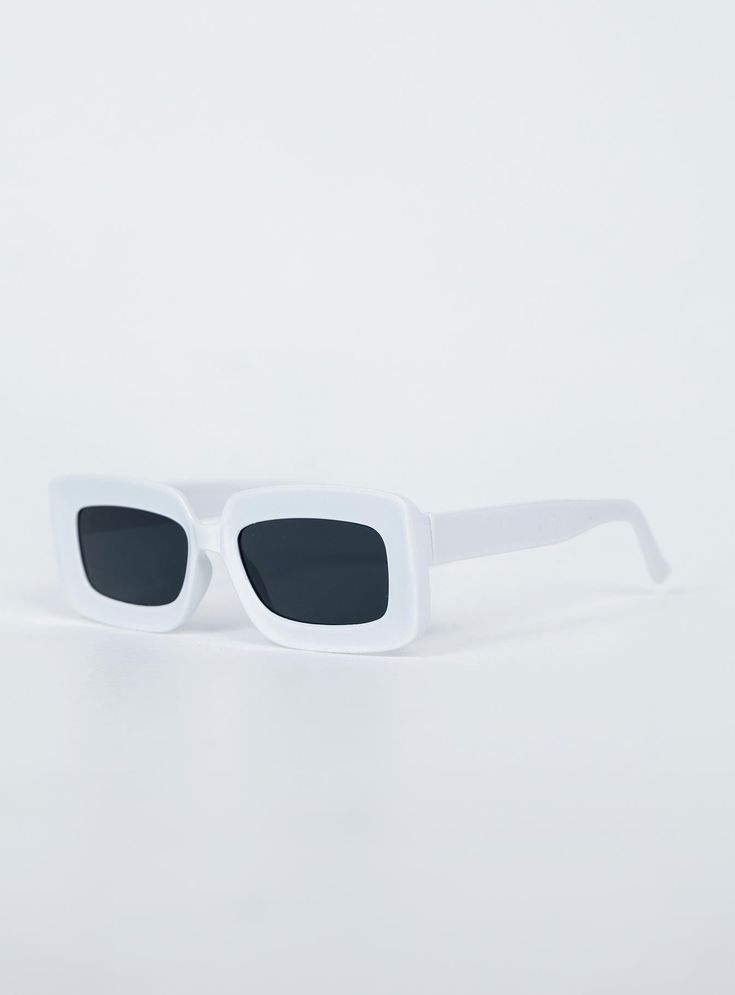 Sunglasses   70% PC  30% AC   UV 400  Rectangle style   Black lenses   Moulded nose bridge   Length: 14cm / 5.5in  Height: 5cm / 1.9in Sunglasses White, White Sunglasses, Fleece Dress, Outerwear Outfit, Loungewear Sets, Nose Bridge, Knit Sweatshirt, Curve Dresses, Casual Tank Tops