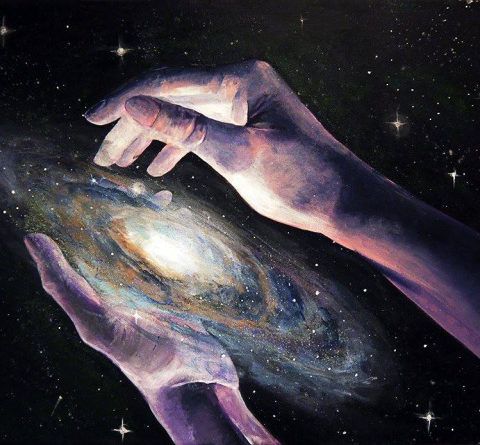 two hands reaching towards each other with stars in the background