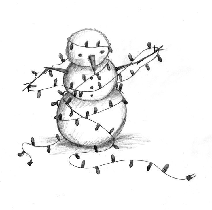 a pencil drawing of a snowman with christmas lights