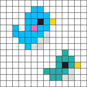 a cross stitch pattern with squares in blue, yellow and pink on the same square