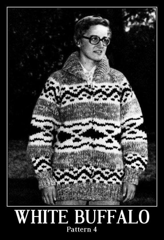 a black and white photo of a man wearing a sweater with the words white buffalo written on it