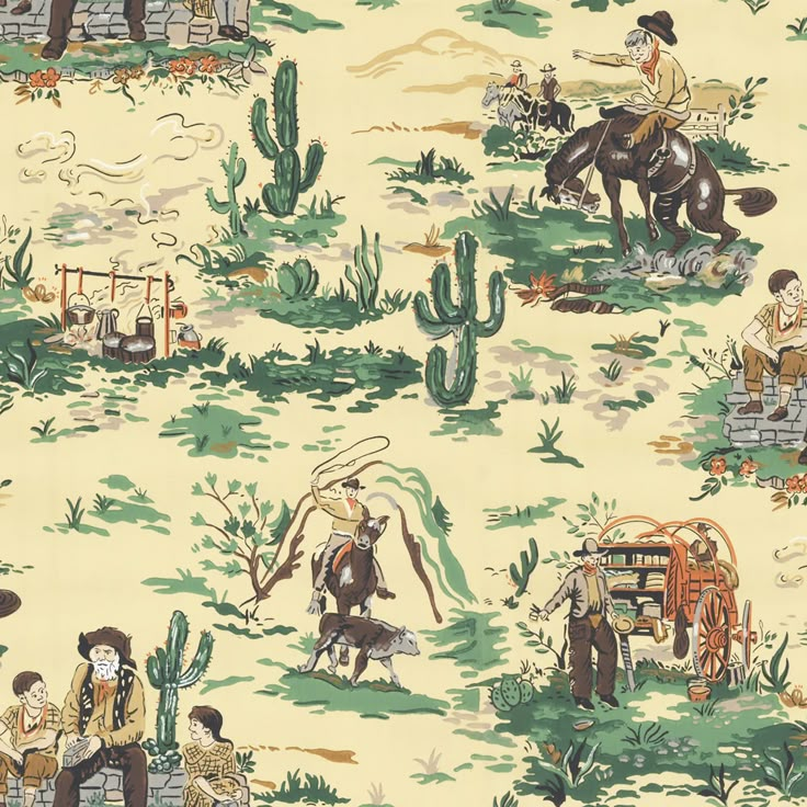 an old - fashioned wallpaper with people riding horses and cactus trees in the background