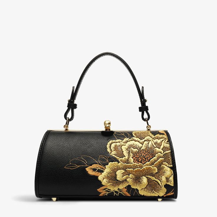 Embroidery Leather Chain Barrel Handbag High Luxury Royal Gold Peony - SinoCultural Bags With Embroidery, Peony Embroidery, Chinese Luxury, Chinese Embroidery, Black Leather Handbag, Barrel Bag, Embroidered Bag, Genuine Leather Handbag, Leather Conditioner