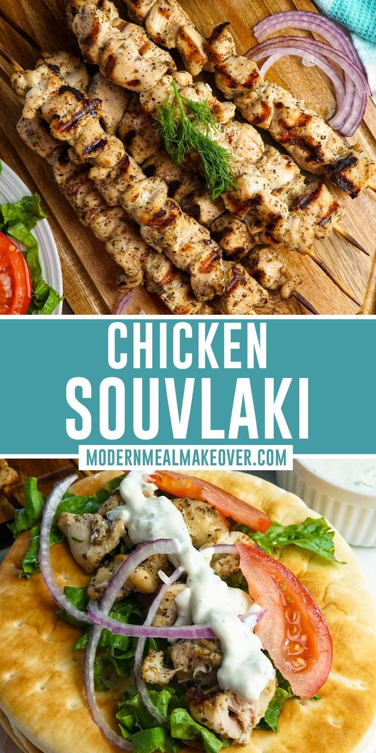 chicken souvlaki with tomatoes, onions and lettuce