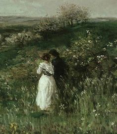 a painting of two people in a field