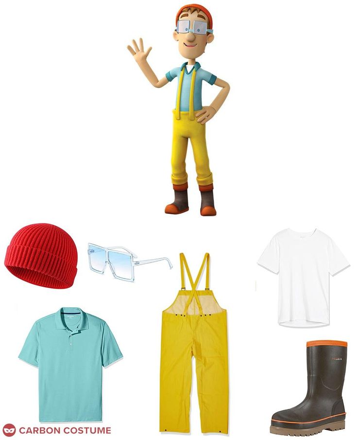 an assortment of clothing and accessories including a hat, glasses, shirt, pants, and boots