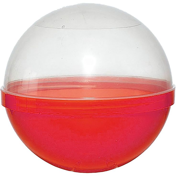 a red and white ball shaped object on top of a glass bowl with water in it