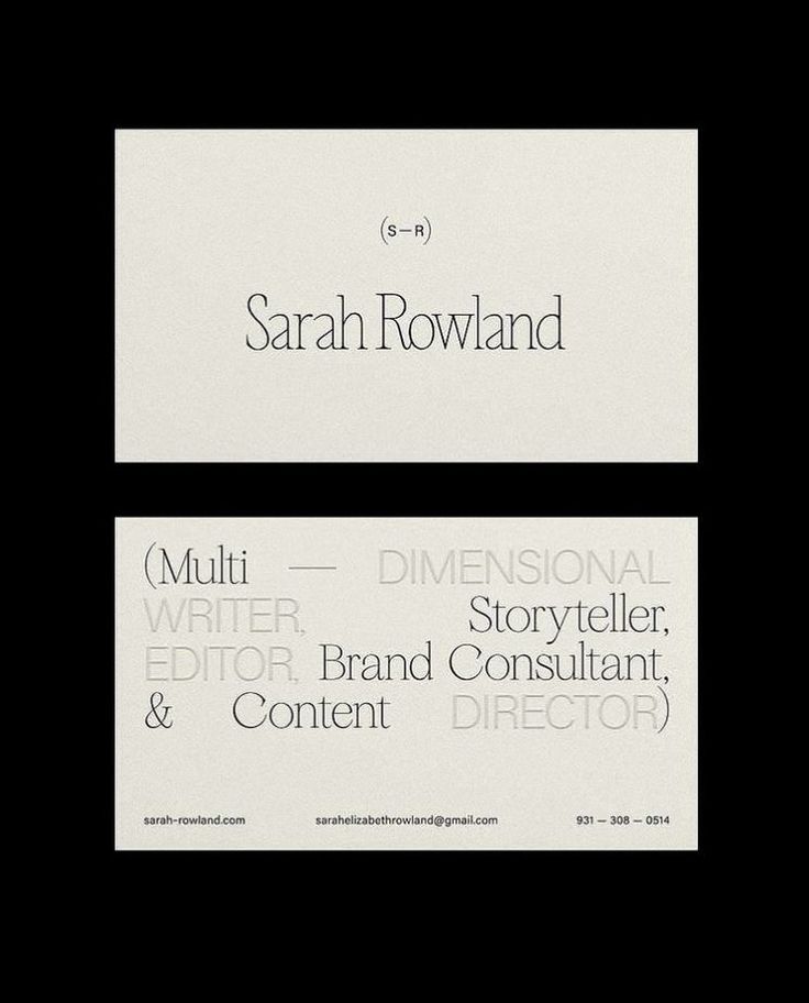 two business cards with different font and numbers on the front, one in black and white