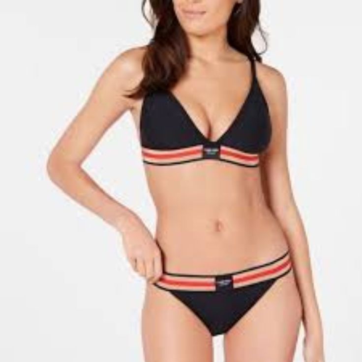 Authentic Calvin & Klein, Calvin Klein Varsity-Stripe Web Logo Triangle Bikini Top & Bottom Size Medium New With Tags Color: Amber Yellow, Red, Tan & Black Varsity Web Stripe The Iconic Calvin Klein Logo And A Bright Varsity Stripe Lend This Sleek Bikini Top Some Seriously Sporty Beach Vibes. Features: Top: Removable Soft Cups With Stretch Underband Hook-And-Eye Closure At Back; Adjustable Halter Neck Straps Calvin Klein Logo Varsity Web Band Provides Support & Style V-Neck Lined Nylon/Spandex; Calvin Klein Beachwear For Poolside, Calvin Klein Beachwear, Calvin Klein Black Swimwear For Beach, Logo Triangle, Web Logo, Vintage Calvin Klein, Halter Tankini, Tankini Swim Tops, Swim Tankini