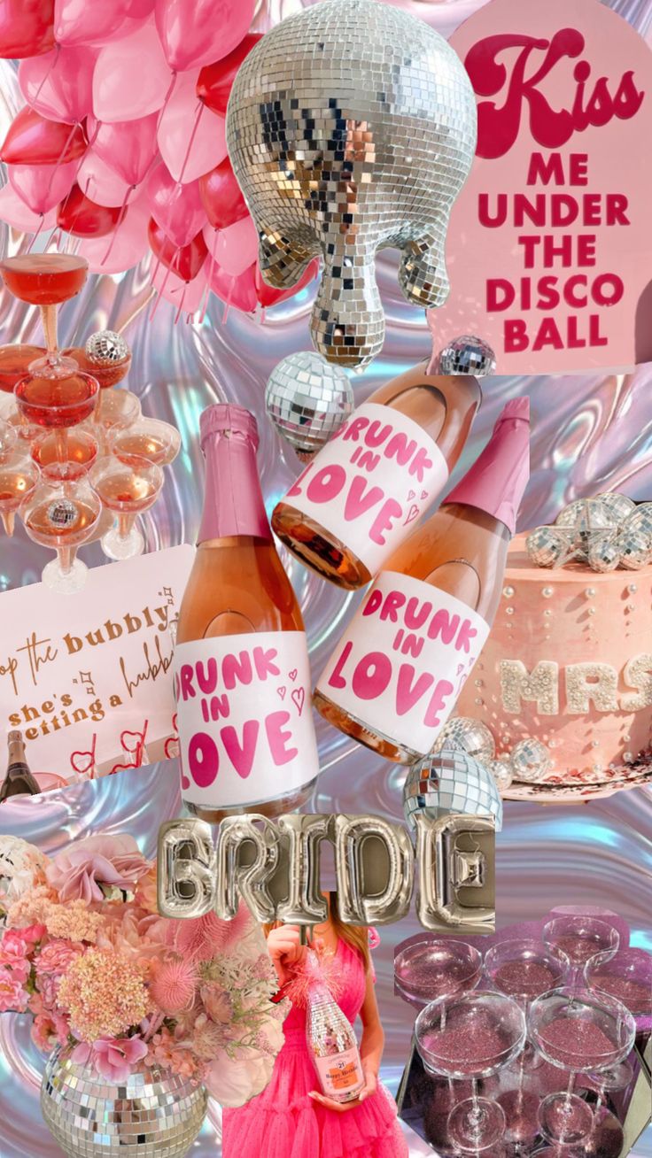 a collage of pink and silver items including wine bottles, champagne glasses, flowers, and balloons