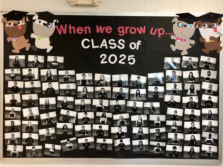 a bulletin board with pictures and graduation caps on it that says, when we grow up class of 205