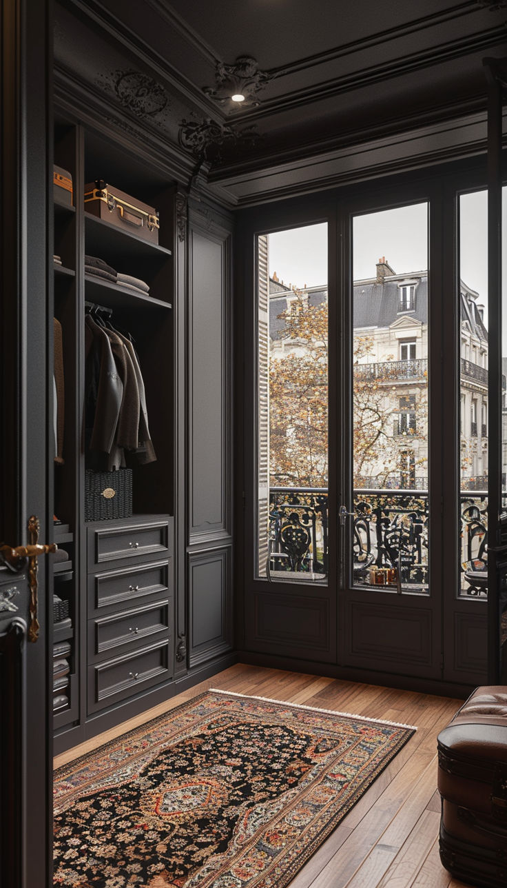 a bedroom with an open closet and large window overlooking the cityscape in paris, france