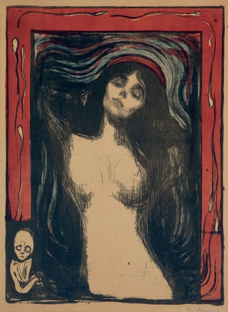 an image of a woman with long hair in a red and black frame on the wall