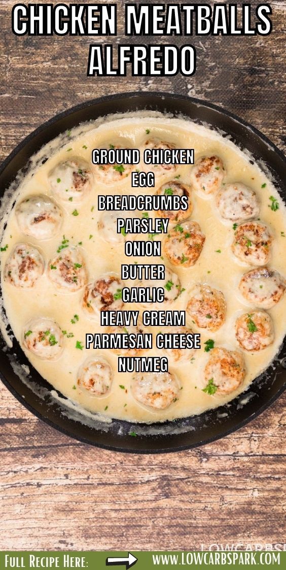 chicken meatballs alfredo recipe in a skillet on a wooden table with text overlay