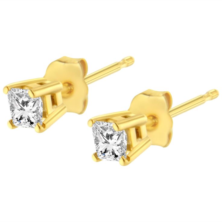 Two gorgeous near-colorless white princess cut diamonds sit in a prong setting on these sparkling stud earrings. Crafted in lustrous 14kt yellow gold, these diamond stud earrings feature a high polish finish. These stunning gold earrings feature square princess cut diamonds, and the four-prong settings are sure to keep your precious diamonds in place. These stud style earrings are subtle enough for casual affairs but sparkle in formal settings as well. Coordinate these earrings with your favorit Princess Cut Gold, Colorless Diamond, Solitaire Studs, Classic Earrings, Princess Cut Diamond, Solitaire Diamond, Square Diamond, Diamond Stud Earrings, Diamond Stud