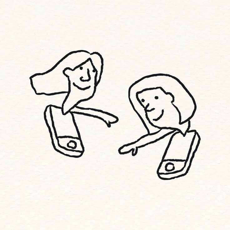 a drawing of two people pointing at each other with one holding a cell phone in the other's hand