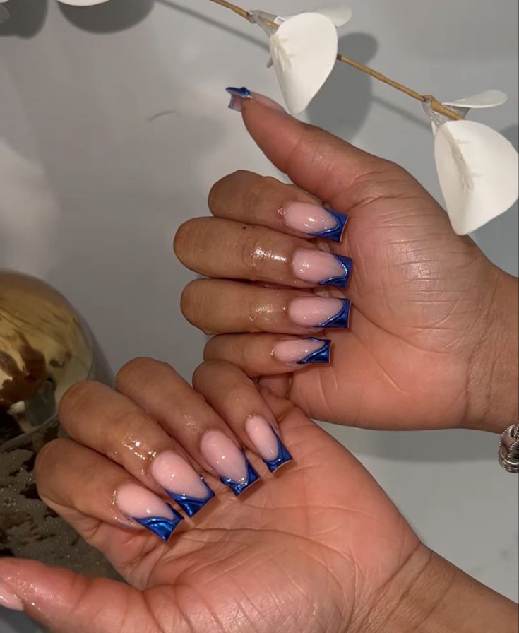 Blue And Gold Square Nails, Gold And Blue Nails, Royal Blue Prom Nails, Blue Prom Nails, Blue Gel Nails, Multicolored Nails, Purple Acrylic Nails, Tapered Square Nails, Hard Nails