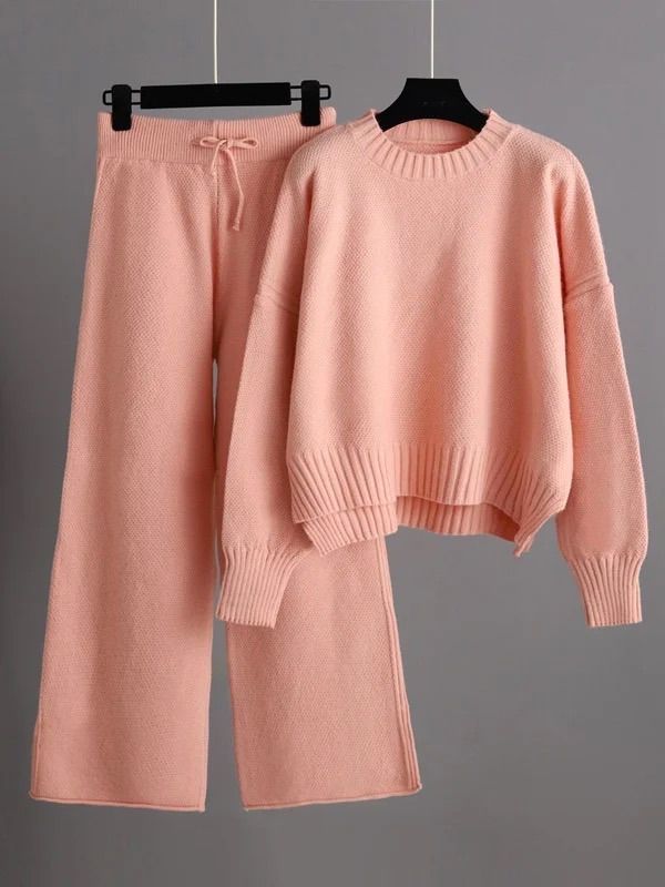 Urban Loose Long Sleeves Solid Color Round-Neck High-Low Sweater Tops & Wide Leg Pants Suits Wide Leg Pant Suit, Work Pants Women, Loose Fit Sweater, Winter Knit Sweater, Estilo Chic, Oversized Pullover, Round Neck Sweaters, Pantalon Large, Loose Sweater