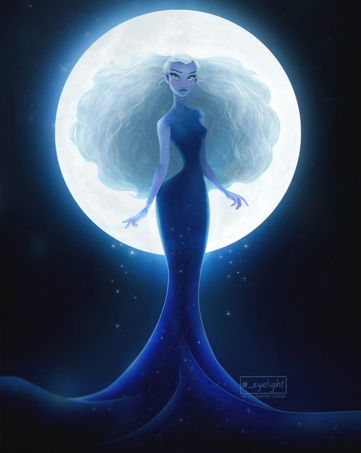 a painting of a woman with long hair standing in front of a full moon wearing a blue dress