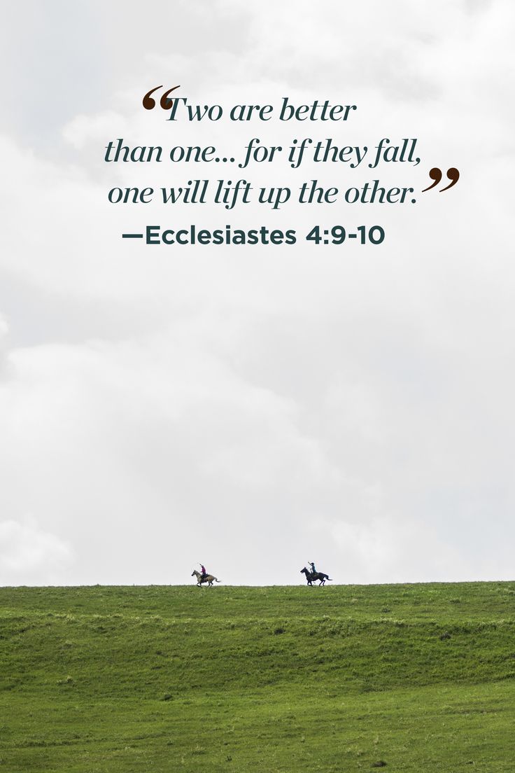 two horses running across a green field with a bible quote above them that reads, two are better than one for if they fall, one will lift up the other