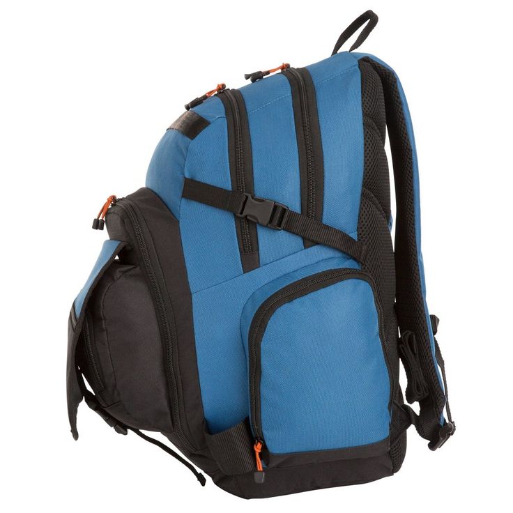 a blue backpack with black straps on it