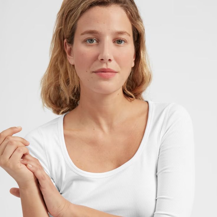 Women’s Pima Micro-Rib Scoop-Neck Tee - White | Everlane Stretch Scoop Neck T-shirt For Everyday, Basic Stretch Scoop Neck Top, Basic Stretch Top With Scoop Neck, Everlane Crew Neck Top For Spring, Everlane Tops For Everyday Spring Wear, Spring Everlane Tops, Everlane Stretch Tops, Everlane Casual T-shirt, White Cotton Everlane Tops