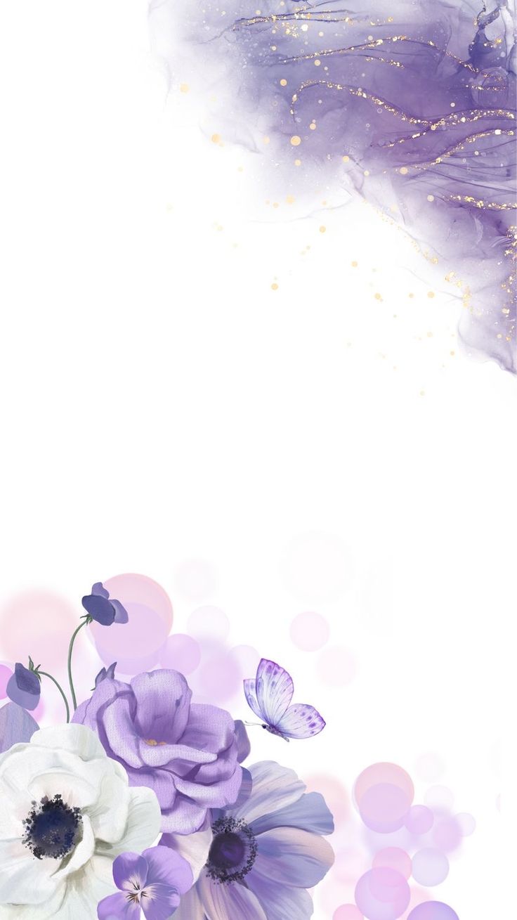 purple and white flowers with butterflies in the background on a watercolor painting style background