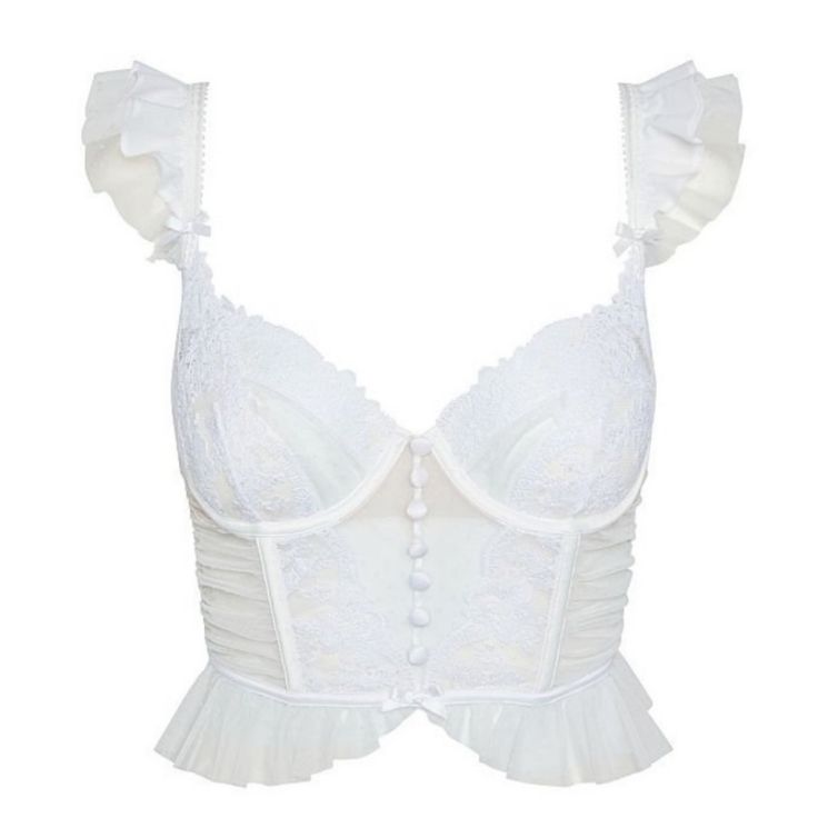 Peekaboo Cup Cutouts And An Effortlessly Feminine Mix Of Lace And Sheer Mesh Make This A Bustier That Flatters Your Curves. Here In Snowy White, It’s Perfect For A Wedding Night Or Honeymoon. Underwire Unlined Cutout Cups Adjustable Straps Hook And Eye Closure Sizes Available: Size Xs, S, M Lace Corset For Wedding Night, Feminine Tops With Lace Trim And Sweetheart Neckline, White Lace Trim Bodice With Sweetheart Neckline, White Lace Tops With Boned Bodice, White Underbust Top With Boned Bodice, White Lace Top With Boned Bodice, White Lace Top Corset, White Lace Top With Sweetheart Neckline, White Lace Trim Underwire Corset