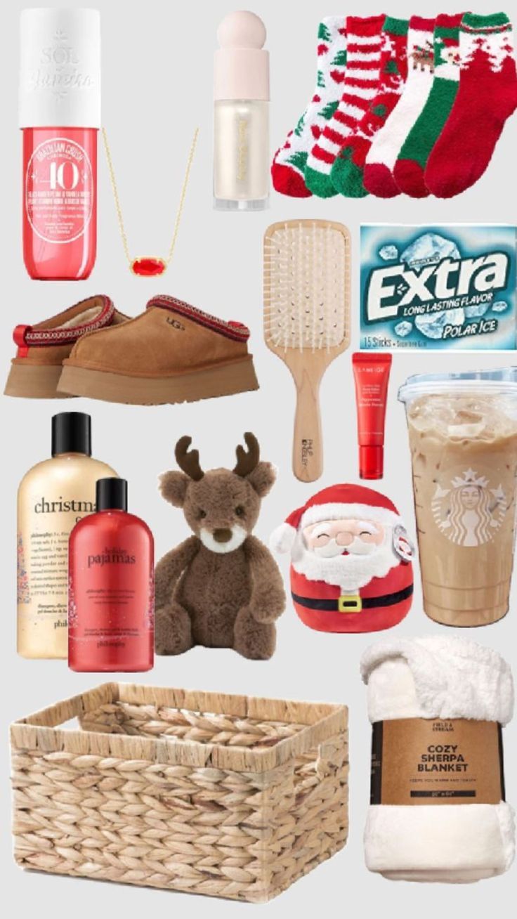 various items are arranged in the shape of a christmas collage with santa's stocking