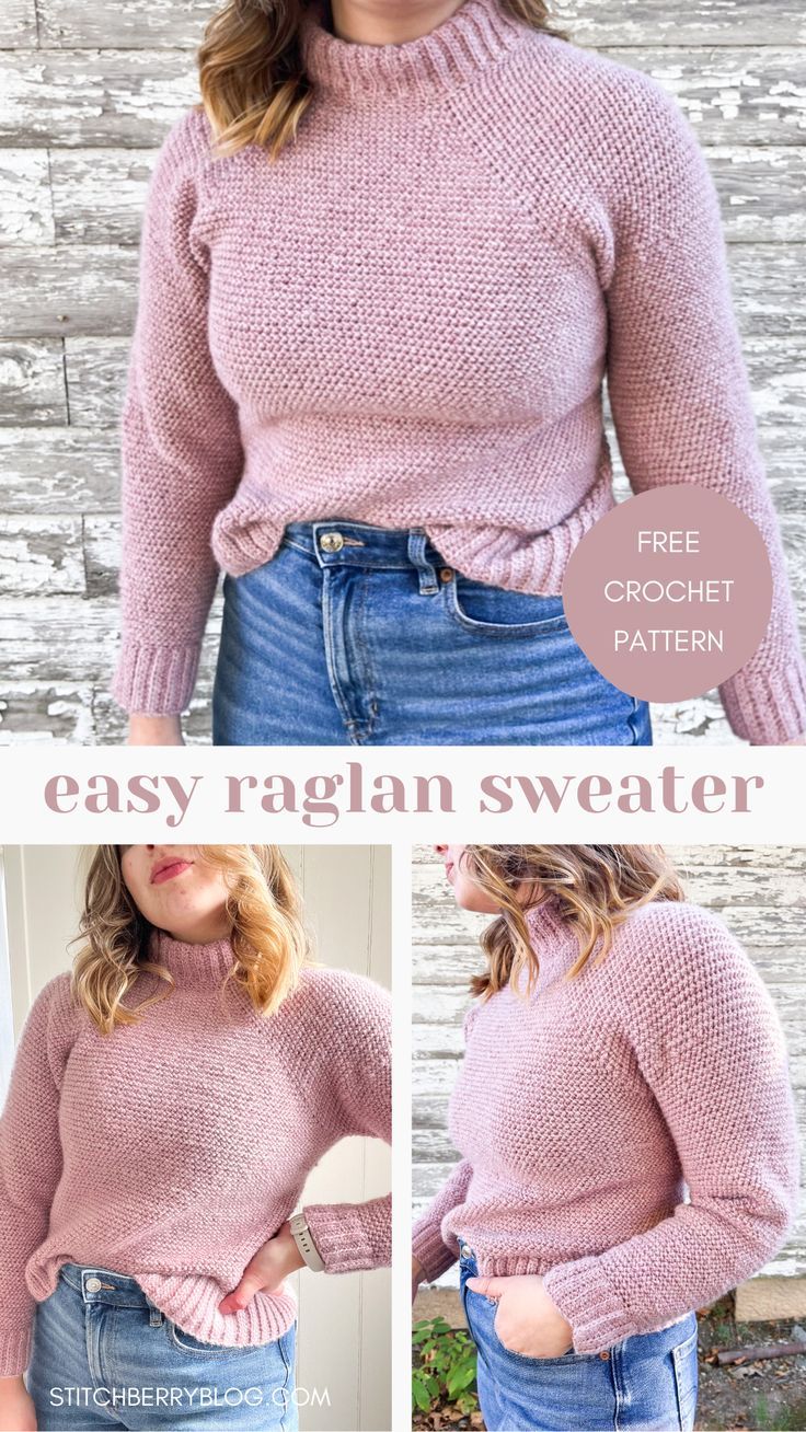 a woman wearing a pink sweater and jeans with the words easy raglan sweater on it