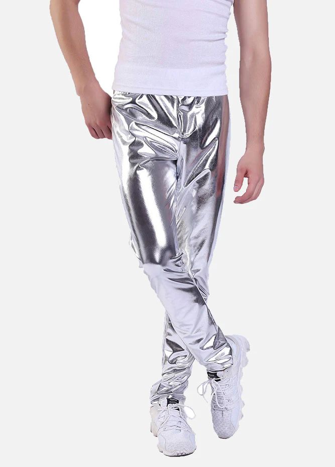 Mens Metallic Shiny Leggings Wetlook Long Tights Pant Trendy Shiny Metallic Bottoms, Trendy Metallic Shiny Bottoms, Fitted Shiny Metallic Leather Pants, Metallic Stretch Casual Pants, Metallic Stretch Pants For Night Out, Casual Metallic Stretch Pants, Metallic Shiny Stretch Bottoms, Casual Shiny Metallic Bottoms, Metallic Shiny Straight Leg Bottoms