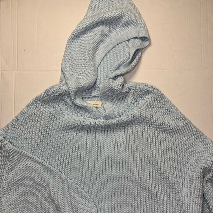 Light Blue/Knit/Hooded Casual Cotton Hoodie With Soft Knit, Casual Knitted Hooded Hoodie, Casual Knit Outerwear With Waffle Knit, Casual Knit Hoodie For Cold Weather, Oversized Knit Hoodie For Spring, Blue Knit Outerwear For Loungewear, Blue Sweater For Spring Cold Weather, Casual Hooded Hoodie With Soft Knit, Spring Knit Hoodie For Loungewear