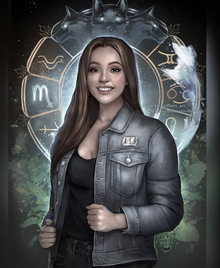 a digital painting of a woman wearing a jean jacket and black shirt, standing in front of a zodiac sign