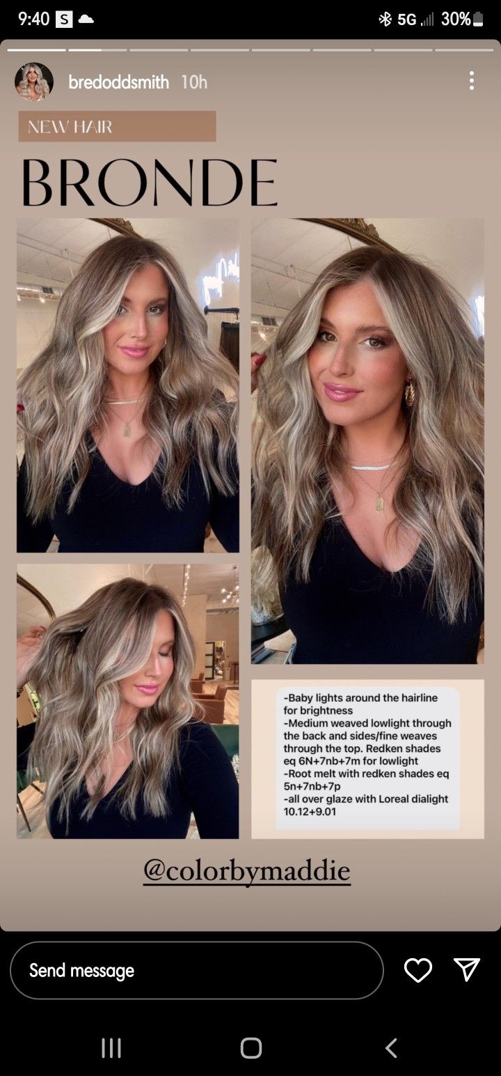 Lowlight Redken Formula, Level 7 Bronde Balayage, Vanilla Mocha Bronde Hair, Blond Color Melt, Balayage Shades Eq Formulas, Blond Hair Formula, Ashy Formula Redken, Dimensional Blonde Redken, Bronde Balayage Redken Formula